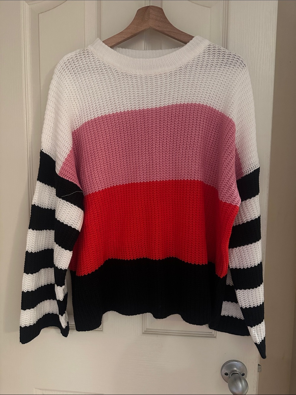 Striped Colorblock Knit Sweater - White, Pink, Red, Black